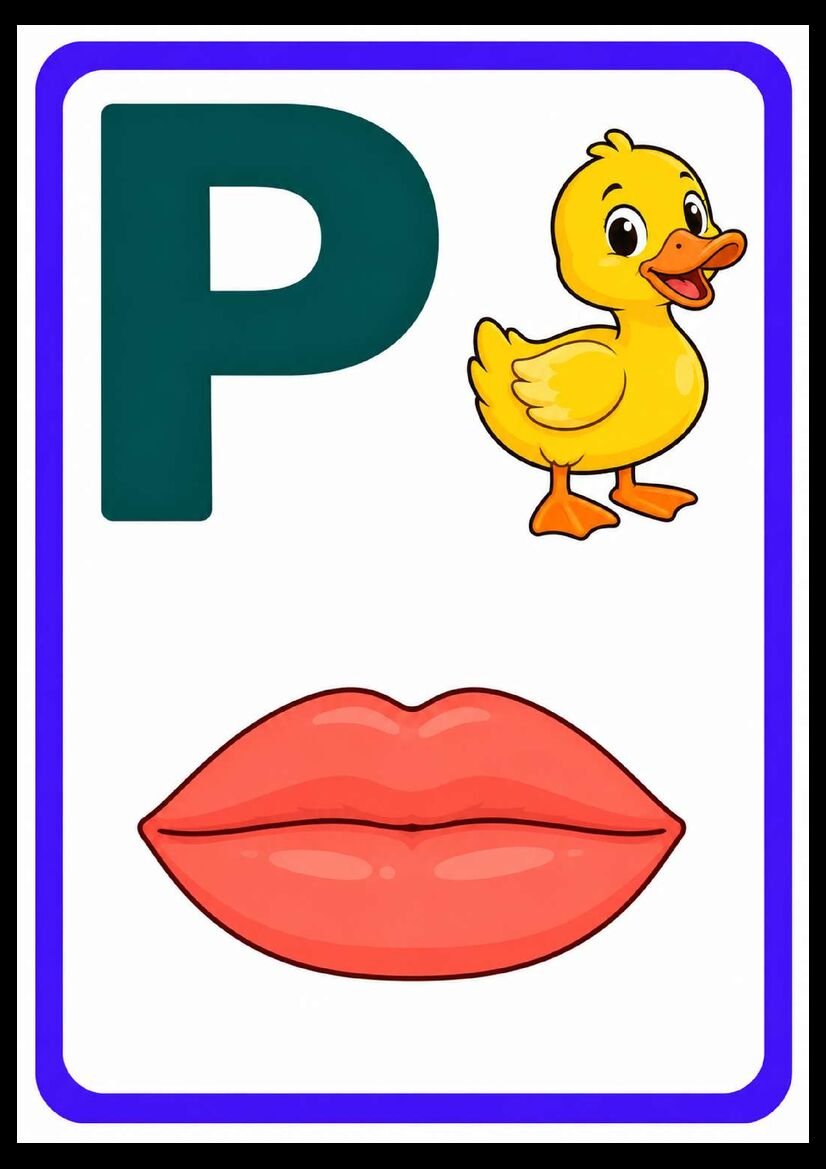 Alfabeto das boquinhas letra P com pato amarelo e lábios unidos